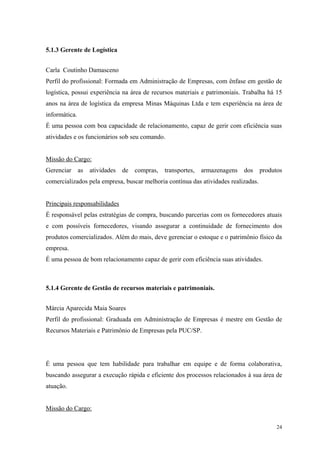 5.1.3 Gerente de Logística


Carla Coutinho Damasceno
Perfil do profissional: Formada em Administração de Empresas, com ênfase em gestão de
logística, possui experiência na área de recursos materiais e patrimoniais. Trabalha há 15
anos na área de logística da empresa Minas Máquinas Ltda e tem experiência na área de
informática.
É uma pessoa com boa capacidade de relacionamento, capaz de gerir com eficiência suas
atividades e os funcionários sob seu comando.


Missão do Cargo:
Gerenciar      as   atividades   de compras,   transportes,   armazenagens   dos    produtos
comercializados pela empresa, buscar melhoria contínua das atividades realizadas.


Principais responsabilidades
É responsável pelas estratégias de compra, buscando parcerias com os fornecedores atuais
e com possíveis fornecedores, visando assegurar a continuidade de fornecimento dos
produtos comercializados. Além do mais, deve gerenciar o estoque e o patrimônio físico da
empresa.
É uma pessoa de bom relacionamento capaz de gerir com eficiência suas atividades.



5.1.4 Gerente de Gestão de recursos materiais e patrimoniais.


Márcia Aparecida Maia Soares
Perfil do profissional: Graduada em Administração de Empresas é mestre em Gestão de
Recursos Materiais e Patrimônio de Empresas pela PUC/SP.




É uma pessoa que tem habilidade para trabalhar em equipe e de forma colaborativa,
buscando assegurar a execução rápida e eficiente dos processos relacionados á sua área de
atuação.


Missão do Cargo:

                                                                                          24
 