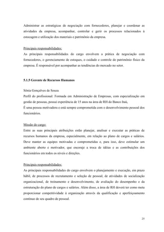 Administrar as estratégicas de negociação com fornecedores, planejar e coordenar as
atividades da empresa, acompanhar, controlar e gerir os processos relacionados á
estocagem e utilização dos materiais e patrimônio da empresa.


Principais responsabilidades:
As principais responsabilidades do cargo envolvem a prática de negociação com
fornecedores, o gerenciamento de estoques, o cuidado e controle do patrimônio físico da
empresa. É responsável por acompanhar as tendências do mercado no setor.



5.1.5 Gerente de Recursos Humanos


Sônia Gonçalves de Souza
Perfil do profissional: Formada em Administração de Empresas, com especialização em
gestão de pessoas, possui experiência de 15 anos na área de RH do Banco Itaú,
É uma pessoa motivadora e está sempre comprometida com o desenvolvimento pessoal dos
funcionários.


Missão do cargo:
Entre as suas principais atribuições estão planejar, analisar e executar as práticas de
recursos humanos da empresa, especialmente, em relação ao plano de cargos e salários.
Deve manter as equipes motivadas e comprometidas e, para isso, deve estimular um
ambiente aberto e motivador, que encoraje a troca de idéias e as contribuições dos
funcionários em todos os níveis e direções.


Principais responsabilidades:
As principais responsabilidades do cargo envolvem o planejamento e execução, em prazo
hábil, de processos de recrutamento e seleção de pessoal, de atividades de socialização
organizacional, de treinamento e desenvolvimento, de avaliação do desempenho e da
estruturação do plano de cargos e salários. Além disso, a área de RH deverá ter como meta
proporcionar competitividade á organização através da qualificação e aperfeiçoamento
contínuo de seu quadro de pessoal.




                                                                                      25
 