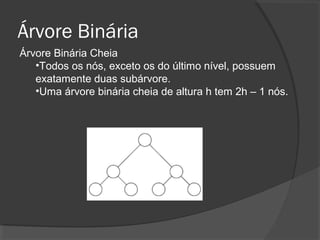 Árvore Binária
Árvore Binária Cheia
•Todos os nós, exceto os do último nível, possuem
exatamente duas subárvore.
•Uma árvore binária cheia de altura h tem 2h – 1 nós.

 
