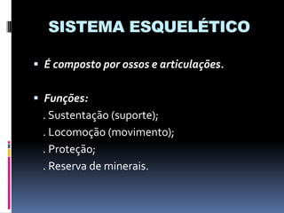 SISTEMA ESQUELÉTICO
 É composto por ossos e articulações.

 Funções:

. Sustentação (suporte);
. Locomoção (movimento);
. Proteção;
. Reserva de minerais.

 