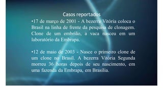 Casos reportados
•17 de março de 2001 - A bezerra Vitória coloca o
Brasil na linha de frente da pesquisa de clonagem.
Clone de um embrião, a vaca nasceu em um
laboratório da Embrapa.
•12 de maio de 2003 - Nasce o primeiro clone de
um clone no Brasil. A bezerra Vitória Segunda
morreu 36 horas depois de seu nascimento, em
uma fazenda da Embrapa, em Brasília.
 