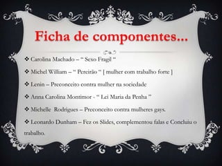 Ficha de componentes...
 Carolina Machado – “ Sexo Fragil “

 Michel William – “ Pereirão “ [ mulher com trabalho forte ]

 Lenin – Preconceito contra mulher na sociedade

 Anna Carolina Montimor - “ Lei Maria da Penha ”

 Michelle Rodrigues – Preconceito contra mulheres gays.

 Leonardo Dunham – Fez os Slides, complementou falas e Concluiu o
trabalho.
 