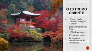 • China, Japão,
Taiwan, Mongólia,
Coreias;
• Região mais rica da
Ásia;
• 1,5bi de pessoas;
• Clima temperado;
• Dois países
remanescentes do
comunismo.
 