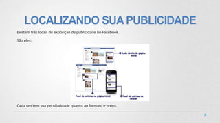LOCALIZANDO SUA PUBLICIDADE
Existem três locais de exposição de publicidade no Facebook.
São eles:
Cada um tem sua peculiaridade quanto ao formato e preço.
 