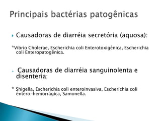 Causadoras de diarréia secretória (aquosa):*Vibrio Cholerae, EscherichiacoliEnterotoxigênica, EscherichiacoliEnteropatogênica.Causadoras de diarréia sanguinolenta e disenteria:* Shigella, Escherichiacolienteroinvasiva, Escherichiacoliêntero-hemorrágica, Samonella.Principais bactérias patogênicas 
