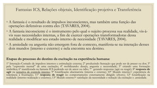 Fantasias ICS, Relações objetais, Identificação projetiva e Transferência
◦ A fantasia é o resultado de impulsos inconscientes, mas também uma função das
operações defensivas contra eles (TAVARES, 2004).
◦ A fantasia inconsciente é o instrumento pelo qual o sujeito processa sua realidade, vis-à-
vis suas necessidades internas, a fim de exercer operações transformadoras dessa
realidade e modificar seu estado interno de necessidade (TAVARES, 2004).
◦ A ansiedade ou angustia não emergem fora de contexto, manifesta-se na interação desses
dois mundos (interno e externo) e nela encontra seu destino.
Etapas do processo do destino da excitação na experiência humana:
1º Interação-Contado de impulsos internos e estimulação externa; 2º produzindo Sensação que pode ser de prazer ou dor; 3º
pela “expressão mental” de uma excitação; 4º mobilizando: desejo, angustia e necessidade; 5º criando uma formação
simbólica; 6º manifestada na fantasia ICS podendo ser de amor ou ódio; 7º gerando respostas (agir ou reagir); 8º resposta de
agir na tentativa de controle interno; 9º Gratificação alucinatória (interna e externa); 10º Mundo interno= experiência de
tolerância à frustração; 11º resposta de reagir no comportamento externamente dirigido (choro); 12º Gratificação na
realidade (interno-realização e externo); 13º Mundo externo= satisfação da necessidade e redução da excitação e .ansiedade.
 