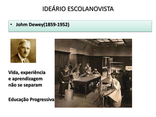 • Johm Dewey(1859-1952)
IDEÁRIO ESCOLANOVISTA
Vida, experiência
e aprendizagem
não se separam
Educação Progressiva
 