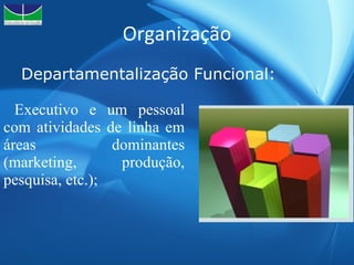 Organização Departamentalização Funcional: Executivo e um pessoal com atividades de linha em áreas dominantes (marketing, produção, pesquisa, etc.); 