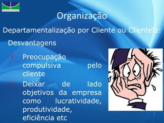 Organização Preocupação compulsiva pelo cliente Deixar de lado objetivos da empresa como lucratividade, produtividade, eficiência etc  Departamentalização por Cliente ou Clientela: Desvantagens 