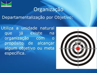 Organização Departamentalização por Objetivo: Utiliza a unidade natural que já existe na organização com o propósito de alcançar algum objetivo ou meta específica. 