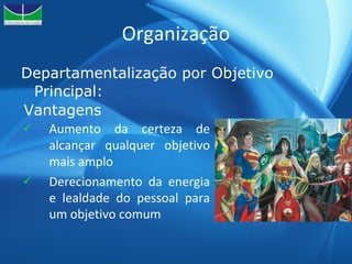 Organização Departamentalização por Objetivo Principal: Aumento da certeza de alcançar qualquer objetivo mais amplo Derecionamento da energia e lealdade do pessoal para um objetivo comum Vantagens 
