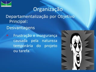Organização Departamentalização por Objetivo Principal: Frustração e insegurança causada pela natureza temporária do projeto ou tarefa. Desvantagens 