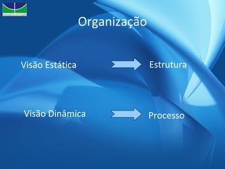 Organização Visão Estática Visão Dinâmica Estrutura Processo 