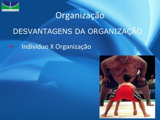 Organização Indivíduo X Organização DESVANTAGENS DA ORGANIZAÇÃO 
