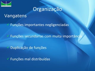 Organização Funções importantes negligenciadas  Funções secundarias com muita importância  Duplicação de funções Funções mal distribuídas Vangatens 