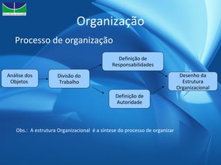 Organização Análise dos Objetos  Divisão do Trabalho Desenho da Estrutura Organizacional Definição de Responsabilidades Definição de Autoridade Obs.:  A estrutura Organizacional  é a síntese do processo de organizar Processo de organização 