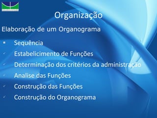 Organização Sequência Estabelicimento de Funções Determinação dos critérios da administração Analise das Funções Construção das Funções Construção do Organograma Elaboração de um Organograma 