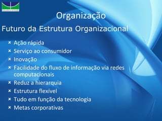 Organização Ação rápida Serviço ao consumidor Inovação Facilidade do fluxo de informação via redes computacionais  Reduz a hierarquia Estrutura flexível Tudo em função da tecnologia Metas corporativas Futuro da Estrutura Organizacional 