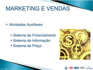 MARKETING E VENDAS 22/11/09 Atividades Auxiliares Sistema de Financiamento Sistema de Informação Sistema de Preço 
