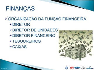 FINANÇAS 22/11/09 ORGANIZAÇÃO DA FUNÇÃO FINANCEIRA DIRETOR DIRETOR DE UNIDADES DIRETOR FINANCEIRO TESOUREIROS CAIXAS 