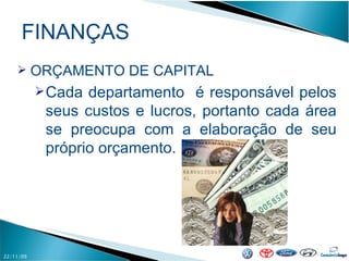 FINANÇAS 22/11/09 ORÇAMENTO DE CAPITAL Cada departamento  é responsável pelos seus custos e lucros, portanto cada área se preocupa com a elaboração de seu próprio orçamento. 