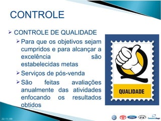 CONTROLE 22/11/09 CONTROLE DE QUALIDADE Para que os objetivos sejam cumpridos e para alcançar a excelência são estabelecidas metas Serviços de pós-venda São feitas avaliações anualmente das atividades enfocando os resultados obtidos 