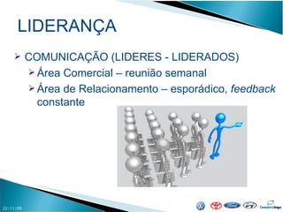 LIDERANÇA 22/11/09 COMUNICAÇÃO (LIDERES - LIDERADOS) Área Comercial – reunião semanal Área de Relacionamento – esporádico,  feedback  constante 