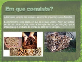 Em que consiste?A Biomassa consiste nos resíduos, geralmente, provenientes das florestas. Existe também outros casos, em que os resíduos urbanos ficam num estado de decomposição o que causa a formação de um gás (biogás), que é utilizado para a produção de energia ou para mover veículos.