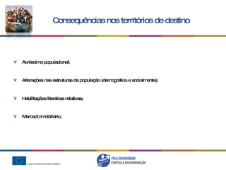 Acréscimo populacional; Alterações nas estruturas da população (demográfica e socialmente); Habilitações literárias relativas; Mercado imobiliário. Consequências nos territórios de destino 
