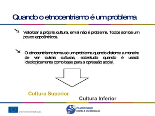 Quando o etnocentrismo é um problema Valorizar a própria cultura, em si não é problema. Todos somos um pouco egocêntricos. O etnocentrismo torna-se um problema quando distorce a maneira de ver outras culturas, sobretudo quando é usado ideologicamente como base para a opressão social . Cultura Superior Cultura Inferior 
