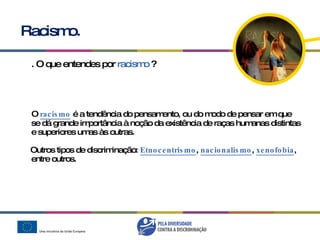 Racismo. . O que entendes por  racismo  ? O  racismo  é a tendência do pensamento, ou do modo de pensar em que  se dá grande importância à noção da existência de raças humanas distintas e superiores umas às outras.  Outros tipos de discriminação:  Etnocentrismo ,  nacionalismo ,  xenofobia , entre outros.   