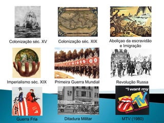 Colonização séc. XV Colonização séc. XIX Aboliçao da escravidão e Imigração Imperialismo séc. XIX Primeira Guerra Mundial Revolução Russa Guerra Fria Ditadura Militar MTV (1980) 