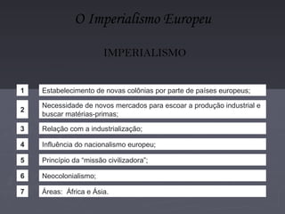 O Imperialismo Europeu IMPERIALISMO 1 Estabelecimento de novas colônias por parte de países europeus; 2 Necessidade de novos mercados para escoar a produção industrial e  buscar matérias-primas; 3 Relação com a industrialização; 4 Influência do nacionalismo europeu; 5 Princípio da “missão civilizadora”; 6 Neocolonialismo; 7 Áreas:  África e Ásia. 
