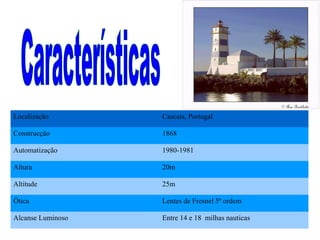 Localização Cascais, Portugal Construcção 1868 Automatização 1980-1981 Altura 20m Altitude 25m Ótica Lentes de Fresnel 5ª ordem Alcanse Luminoso Entre 14 e 18  milhas nauticas Características 