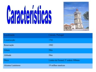 Localização Cascais, Portugal Construcção 1761 Renovação 1982 Altura 28m Altitude 58m Ótica Lentes de Fresnel 3ª ordem 500mm Alcanse Luminoso 19 milhas nauticas Características 