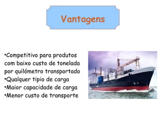 Vantagens Competitivo para produtos com baixo custo de tonelada por quilómetro transportado Qualquer tipio de carga Maior capacidade de carga Menor custo de transporte 