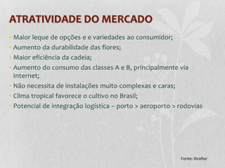 ATRATIVIDADE DO MERCADO
• Maior leque de opções e e variedades ao consumidor;
• Aumento da durabilidade das flores;
• Maior eficiência da cadeia;
• Aumento do consumo das classes A e B, principalmente via
  Internet;
• Não necessita de instalações muito complexas e caras;
• Clima tropical favorece o cultivo no Brasil;
• Potencial de integração logística – porto > aeroporto > rodovias




                                                          Fonte: Ibraflor
 
