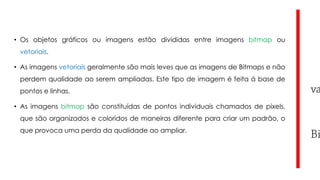 • Os objetos gráficos ou imagens estão divididas entre imagens bitmap ou
vetoriais.
• As imagens vetoriais geralmente são mais leves que as imagens de Bitmaps e não

perdem qualidade ao serem ampliadas. Este tipo de imagem é feita á base de
pontos e linhas.
• As imagens bitmap são constituídas de pontos individuais chamados de pixels,

que são organizados e coloridos de maneiras diferente para criar um padrão, o
que provoca uma perda da qualidade ao ampliar.

 