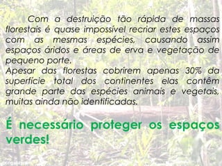 Com a destruição tão rápida de massas
florestais é quase impossível recriar estes espaços
com as mesmas espécies, causando assim
espaços áridos e áreas de erva e vegetação de
pequeno porte.
Apesar das florestas cobrirem apenas 30% da
superfície total dos continentes elas contêm
grande parte das espécies animais e vegetais,
muitas ainda não identificadas.

É necessário proteger os espaços
verdes!

 