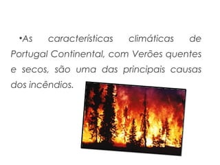 •As

características

climáticas

de

Portugal Continental, com Verões quentes
e secos, são uma das principais causas
dos incêndios.

 