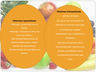 Vitaminas Lipossolúveis 
•Absorção juntamente com os 
lípidos; 
•Absorção necessita da bilis e do 
suco pancreático; 
•São transportadas através do 
sistema linfático para o fígado 
através das lipoproteínas; 
•Posteriormente armazenadas nos 
tecidos; 
Vitaminas hidrossolúveis 
• solúveis em água; 
• Em geral, são componente de 
sistemas de enzimas essenciais; 
• envolvidas em reações 
relacionadas com o metabolismo 
energético; 
• Este tipo de vitaminas não é 
armazenado pelo organismo em 
grandes quantidades, sendo 
normalmente eliminadas pela 
urina; 
 
