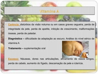  Carência: distúrbios da visão noturna ou em casos graves cegueira, perda de 
integridade da pele, perda de apetite, inibição de crescimento, malformações 
ósseas, perda de paladar. 
 Diagnóstico – dificuldade da adaptação ao escuro; Análise do nível sérico de 
vitamina A 
 Tratamento – suplementação oral 
 Excesso: Náuseas, dores nas articulações, afinamento de ossos longos, 
perda de cabelo, aumento do fígado, descamação da pele e icterícia. 
 