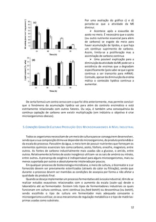 12
Por uma avaliação do gráfico c) e d)
percebe-se que a atividade da ME
diminui.
 Acontece após a exaustão de
azoto no meio. É necessário que o azoto
(ou outro nutriente essencial para além
de carbono) se esgote do meio para
haver acumulação de lípidos, e que haja
um contínuo suprimento de carbono.
Assim, limita-se a proliferação mas a
assimilação de carbono continua
 Uma possível explicação para a
diminuiçãodaatividade daME pode ser a
existência de enzimas que a degradam
especificamente (pois sabe-se que o gene
continua a ser transcrito para mRNA).
Contudo,apesarda diminuiçãodaenzima
málica o conteúdo lipídico continua a
aumentar.
De certa formaà um contra censocom o que foi dito anteriormente, mas permite concluir
que o fenómeno da acumulação lipídica vai para além do controlo enzimático e está
estritamente relacionado com outros fatores. Ou seja, é também uma consequência da
contínua captação de carbono sem existir multiplicação (em indústria o objetivo é criar
microorganismos obesos).
5.CONDIÇÕES GERAIS DECULTURAE PRODUÇÃO DOS MICROORGANISMOS A NÍVEL INDUSTRIAL
Todosos organismosnecessitamde ummeiode culturaparase conseguirem desenvolver,
sendoque a sua composiçãoótimavai dependerdomicroorganismo,doprodutopretendidoe
da escalado processo.Paraalém da água, o meio tem de possuir nutrientes que forneçam os
elementos químicos essenciais tais como carbono, azoto, fósforo, enxofre, magnésio, entre
outros. As fontes de carbono industrialmente mais usadas são a glucose, o amido, entre
outros.Relativamente àsfontesde azoto inorgânico utilizam-se os sais de amónio ou nitrato,
entre outros. A presença de oxigénio é indispensável para alguns microorganismos, mais ou
menos suportada por outros e absolutamente intolerada por poucos.
Em qualquer processo de biotecnologia microbiana, o meio de cultura, o biorreator e o ar
fornecido devem ser previamente esterilizados (através do calor ou filtração), sendo que
durante o processo devem ser mantidas as condições de assepsia por forma a não afetar a
qualidade do produto final.
Quandose desejaimplementarumprocessofermentativoaté àescalaindustrial,têmde se
realizar estudos exaustivos relacionados com o aumento da escala (scale-up) desde o
laboratório até ao fermentador. Existem três tipos de fermentadores industriais os quais
funcionam em cultura contínua, semi-contínua (ou feed-batch) ou descontínua (ou batch),
sendo escolhido o tipo de cultura em fermentador mais adequada consoante o
microorganismoautilizar,osseusmecanismos de regulação metabólica e o tipo de matérias-
primas usadas como substrato.
 