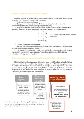2
Óleos
vegetais
Obtenção de plantas
geneticamente
modificadas para
produção de ácidos
gordos e lípidos com
composição alterada
Óleos a
partir de
sementes
Modificações no
processo de
extração,usando
enzimas
Obtenção de óleos e
gorduras
modificados
geneticamente
Óleos e gorduras
por via microbiana
utilização de:
- enzimas isoladas a partir
de microrganismos (ex:
lipases);
- utilização da célula
microbiana total
Obtenção óleos e
gorduras com
elevado valor
comercial
1.Óleos e Gorduras –Ponto DeVista Químico
Antes de iniciar o desenvolvimento do tema do trabalho, é necessário definir alguns
conceitos chave relativamente aos óleos e gorduras:
 Pertencem ao grupo dos lípidos;
 É um grupo de biomoléculas hidrofóbicas, que serve diferentes propósitos:
componentes estruturais, reservas energéticas, entre outros;
 As gorduras diferem dos óleos num aspeto: os primeiros são sólidos à temperatura
ambiente, enquanto os óleos são líquidos. Partilham a seguinte estrutura molecular:
 Contêm três grupos funcionais éster;
 O grupo maiscomumsão os triacilgliceróis que provêmdareaçãoentre uma molécula
de glicerol e três cadeias de ácidos gordos;
 Nas cadeiasde ácidosgordosa maior parte das ligaçõesentre os carbonossãosimples
mas tambémse encontramligaçõesduplas.Formando,respetivamente,ácidosgordos
saturadose ácidosgordosinsaturados.
2.MICROORGANISMOS UTILIZADOS PARA A PRODUÇÃO DE ÓLEOS EGORDURAS
A Biotecnologia dos lípidos abrange várias áreas, como a modificação genética dos lípidos
presentesemsementese espéciesvegetais,a partir das quais se obtêm óleos e gorduras com
as propriedades desejadas ou, em alternativa, a utilização de microorganismos - leveduras
(fungosunicelulares), fungos (multicelulares), bactérias e microalgas. Podem usar-se células
microbianas na sua totalidade para produção de óleos e gorduras e a sua posterior
transformação, ou apenas enzimas microbianas.
Fig.2 – Várias abordagens à Biotecnologia dos lípidos,com destaque
para o uso de microorganismos para a produção de óleos e
gorduras com elevado valor comercial;
Fig.1. Estrutura molecular genérica dos óleos
e gorduras
 