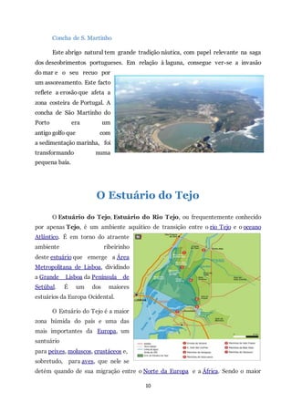 10
Concha de S. Martinho
Este abrigo natural tem grande tradição náutica, com papel relevante na saga
dos descobrimentos portugueses. Em relação à laguna, consegue ver-se a invasão
do mar e o seu recuo por
um assoreamento. Este facto
reflete a erosão que afeta a
zona costeira de Portugal. A
concha de São Martinho do
Porto era um
antigo golfo que com
a sedimentação marinha, foi
transformando numa
pequena baía.
O Estuário do Tejo
O Estuário do Tejo, Estuário do Rio Tejo, ou frequentemente conhecido
por apenas Tejo, é um ambiente aquático de transição entre o rio Tejo e o oceano
Atlântico. É em torno do atraente
ambiente ribeirinho
deste estuário que emerge a Área
Metropolitana de Lisboa, dividindo
a Grande Lisboa da Península de
Setúbal. É um dos maiores
estuários da Europa Ocidental.
O Estuário do Tejo é a maior
zona húmida do país e uma das
mais importantes da Europa, um
santuário
para peixes, moluscos, crustáceos e,
sobretudo, para aves, que nele se
detém quando de sua migração entre o Norte da Europa e a África. Sendo o maior
 