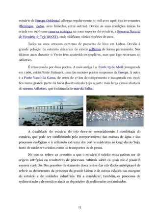 11
estuário da Europa Ocidental, alberga regularmente 50 mil aves aquáticas invernantes
(flamingos, patos, aves limícolas, entre outras). Devido às suas condições únicas foi
criada em 1976 uma reserva ecológica na zona superior do estuário, a Reserva Natural
do Estuário do Tejo (RNET), onde nidificam várias espécies de aves.
Todos os anos atracam centenas de paquetes de luxo em Lisboa. Devido à
grande poluição do estuário deixaram de existir golfinhos de forma permanente. Nos
últimos anos durante o Verão têm aparecido exemplares, mas que logo retornam ao
Atlântico.
É atravessado por duas pontes. A mais antiga é a Ponte 25 de Abril (inaugurada
em 1966, então Ponte Salazar), uma das maiores pontes suspensas da Europa. A outra
é a Ponte Vasco da Gama, de cerca de 17 km de comprimento e inaugurada em 1998,
fica numa grande parte da bacia do estuário do Tejo, a parte mais larga e mais afastada
do oceano Atlântico, que é chamada de mar da Palha.
A fragilidade do estuário do tejo deve-se essencialmente à morfologia do
estuário, que pode ser condicionado pelo comportamento das massas de água e dos
processos ecológicos e à utilização extrema dos portos existentes ao longo do rio Tejo,
tanto de carácter turístico, como de transportes ou de pesca.
No que se refere as pressões a que o estuário é sujeito estas podem ser de
origem antrópica ou resultantes de processos naturais sobre os quais não é possível
exercer controlo. Das pressões diretamente decorrentes das atividades antrópicas é de
referir as decorrentes da presença da grande Lisboa e de outras cidades nas margens
do estuário e de unidades industriais. Há a considerar, também, os processos de
sedimentação e de erosão e ainda as deposições de sedimentos contaminados.
 
