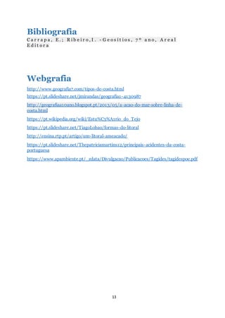 13
Bibliografia
C a r r a p a , E . ; R i b e i r o , I . - G e o s í t i o s , 7 º a n o , A r e a l
E d i t o r a
Webgrafia
http://www.geografia7.com/tipos-de-costa.html
https://pt.slideshare.net/jmirandas/geografia1-4130987
http://geografiaa10ano.blogspot.pt/2013/05/a-acao-do-mar-sobre-linha-de-
costa.html
https://pt.wikipedia.org/wiki/Estu%C3%A1rio_do_Tejo
https://pt.slideshare.net/TiagoLobao/formas-do-litoral
http://ensina.rtp.pt/artigo/um-litoral-ameacado/
https://pt.slideshare.net/Thepatriciamartins12/principais-acidentes-da-costa-
portuguesa
https://www.apambiente.pt/_zdata/Divulgacao/Publicacoes/Tagides/tagidespoe.pdf
 