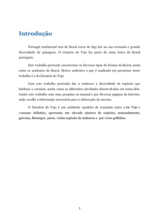 3
Introdução
Portugal continental tem de litoral cerca de 845 km na sua extensão e grande
diversidade de paisagens. O estuário do Tejo faz parte da costa baixa do litoral
português.
Este trabalho pretende caracterizar os diversos tipos de formas do litoral, assim
como os acidentes do litoral. Destes acidentes o que é analisado em pormenor neste
trabalho é o do Estuário do Tejo.
Com este trabalho pretendo dar a conhecer a diversidade de espécies que
habitam o estuário, assim como as diferentes atividades desenvolvidas em torno dele.
Iniciei este trabalho com uma pesquisa no manual e por diversas páginas da internet,
onde recolhi a informação necessária para a elaboração do mesmo.
O Estuário do Tejo é um ambiente aquático de transição entre o rio Tejo e
o oceano Atlântico, apresenta um elevado número de espécies, nomeadamente,
gaivotas, flamingos, patos, várias espécies de moluscos e por vezes golfinhos.
 