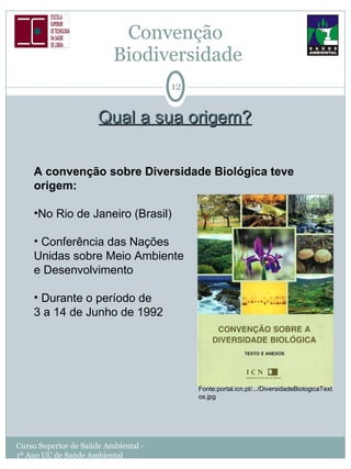 Convenção  Biodiversidade Qual a sua origem? Curso Superior de Saúde Ambiental - 1º Ano UC de Saúde Ambiental A convenção sobre Diversidade Biológica teve origem: No Rio de Janeiro (Brasil) Conferência das Nações  Unidas sobre Meio Ambiente  e Desenvolvimento Durante o período de  3 a 14 de Junho de 1992 Fonte:portal.icn.pt/.../DiversidadeBiologicaTextos.jpg 
