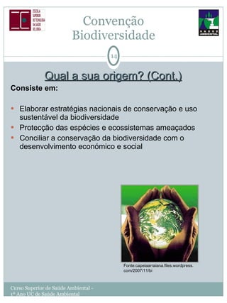 Qual a sua origem? (Cont.) Consiste em: Elaborar estratégias nacionais de conservação e uso sustentável da biodiversidade Protecção das espécies e ecossistemas ameaçados Conciliar a conservação da biodiversidade com o desenvolvimento económico e social Convenção  Biodiversidade  Curso Superior de Saúde Ambiental - 1º Ano UC de Saúde Ambiental Fonte:capeiaarraiana.files.wordpress.com/2007/11/bi  